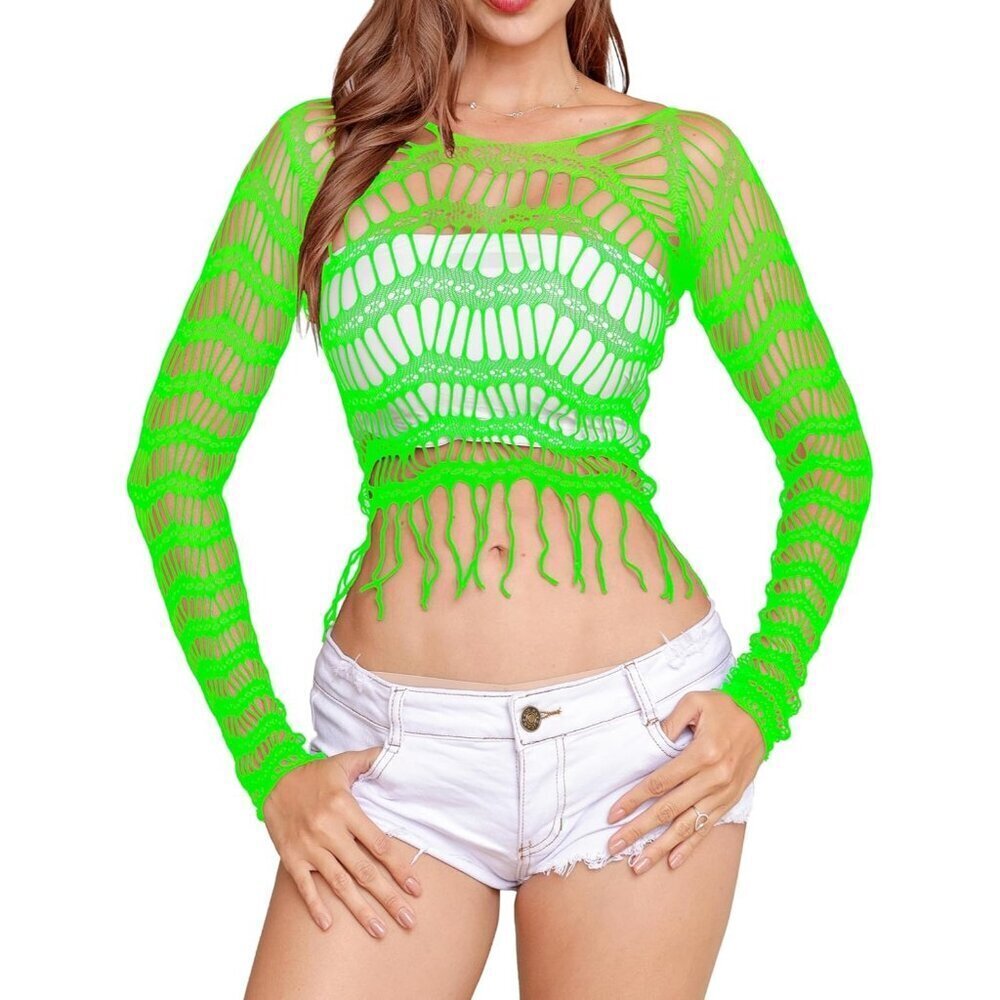 🆕 Women Green Fishnet Crop Top Babydoll Chemise Lingerie Tassels Stretchy Nylon